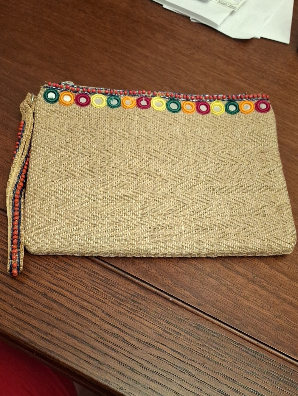 Charming Charlie Woven Natural Straw Wristlet Clutch Multicolor Trim Preloved
